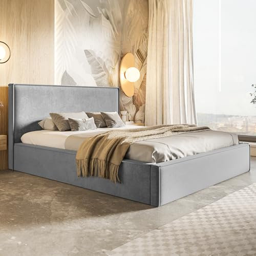 MOTIVENA Boho Polsterbett 200x200 mit Bettkasten, mit Stauraum, Bett Kopfteil Samt, ohne Matratze, Bett Samt, Grau Hellgrau