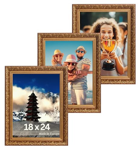 VictoR Vintage Bilderrahmen „Rubens“ 3er Set in 18x24 cm Braun Gold - Leiste: 30x20mm - Echtglas - Fotorahmen Barock - Antik - Bilderrahmen Set 18x24 Vintage