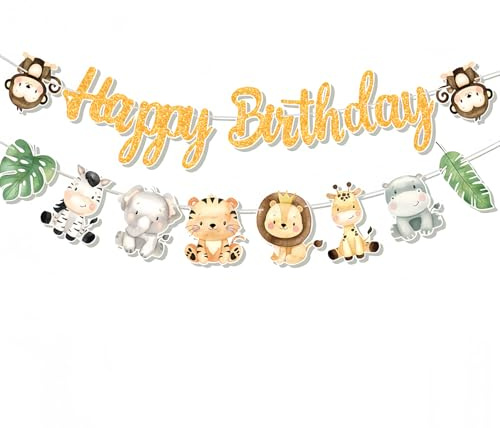 Torytoe Happy Birthday Girlande Tiere, 2 Stück Girlande Geburtstag Happy Birthday Banner Geburtstagsparty Dekoration für Kinder, Mädchen, Frauen und Erwachsene (Dschungel-Tiere)