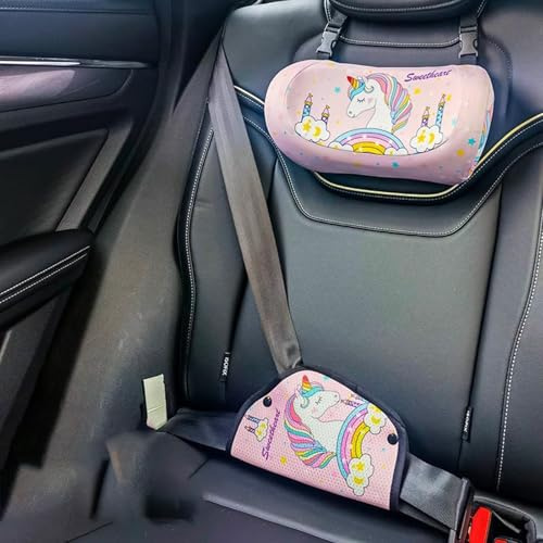 auvstar Kinder Nackenkissen und Gurtpolster Auto,Kopfstütze Auto Kinder Reisekissen Auto Höhe einstellbar,Weichem Gedächtnisschaum,für Kinder Erwachsene,Nackenstütze Auto zum Schlafen (Einhorn)