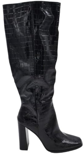 Stivali Donna Alti Nero Effetto Animalier al Ginocchio a Punta Quadrata Aderenti Zip Tacco Doppio 10cm Moda Evergreen (40 EU)