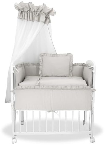 Baby Delux Beistellbett Set Babybett Komplett Set Stubenwagen weiß 90x40 mobil mit Rädern inkl. Bettwäsche Matratze (Royal Grau Rüsche)
