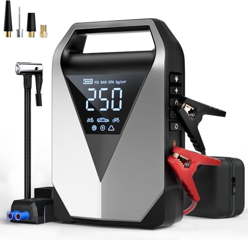 Wyxron Starthilfe Powerbank mit Kompressor, 6in1 Auto Booster Starthilfe 150PSI 3000A für 12V Jump Starter, Autostarter mit LCD Bildschirm/QC3.0 Aufladen/LED(All Benzin/8L Diesel)