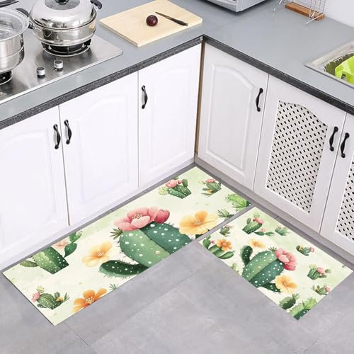 MULERN Tappetini da Cucina 2 pezzi, Tappeto Cucina Cactus Fiori Antiscivolo, Carino Impermeabile Tappeti da Cucinetta, Lavabile, Adatto per Corridoi, Cucine, bagni, 40x60cm+40x120cm