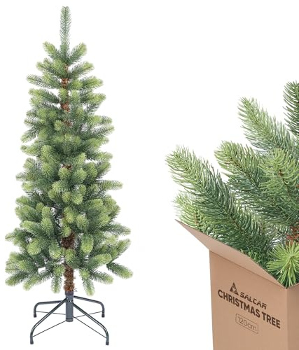 SALCAR Schmaler Künstlicher Weihnachtsbaum 120 cm, 100 % Spritzguss Christbaum, Premium naturgetreuer & realistischer Slim Tannenbaum aus PE, zartgrün
