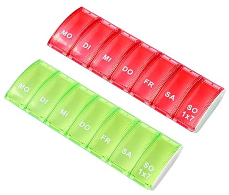 2 Stück tragbarer Pillendose 7 Tage, Wiederverwendbar Medikamentenbox, Klein Tablettenbox 7 Tage, Für Medikamente, Vitamine, Fischöl, Nahrungsergänzungsmittel(Rot Und Grün)