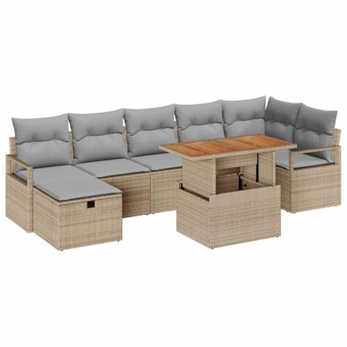 vidaXL Garten-Sofa-Set mit Kissen mit Speicher 8 pcs Beige Poly Rattan, Garten und Terrasse, Modern, Verstellbare Füße, Modularer Sofaset, Gartenmöbel, Wetterbeständig, Lounge-Kollektion