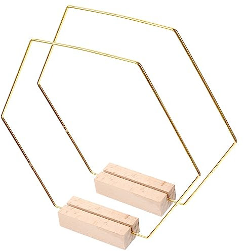 Cabilock 2 Sätze Hexagon Metallring mit Holzständer für Tischdekoration DIY und Party Accessoires Teiliges aus Goldfarbenen Floralen Ringen mit Basis
