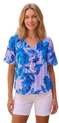 Roman Originals Floral Print Ruffle Top for Women UK - Ladies Everyday Holiday Spring Summer V-Neckline Comfy Soft Evening Vacation Work Party - Floral Blue - Size 20
