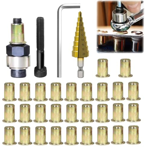 OywhC 33PCS M8 Metric Rivet Nut Tool Set (Manual Riveter) Includes Manual Rivet Nut Tool, Hex Wrench, 30 Zinc-Plated Rivet Nuts & 1 Light-Duty Step Drill Bit, Specifically Designed for Tight Spaces