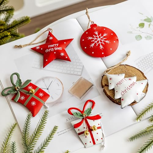 YIEUR 5 Stück Weihnachtsanhänger Metall, weiß rot Anhänger Weihnachten mit Bindeschnur, Weihnachts Dekoration Weihnachtsbaum Charms für Christbaumschmuck Fensterschmuck