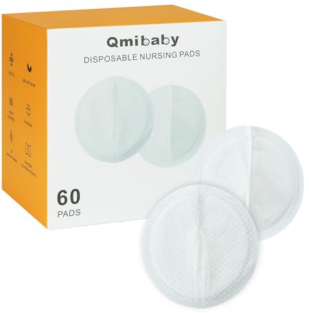 Qmibaby Disposable Nursing Pads, 6-Layer Super Absorbent Breathable Breastfeeding Pads, Ultra-Thin 3D Contour, Leakproof & Hypoallergenic, Individually Wrapped (60 Count)