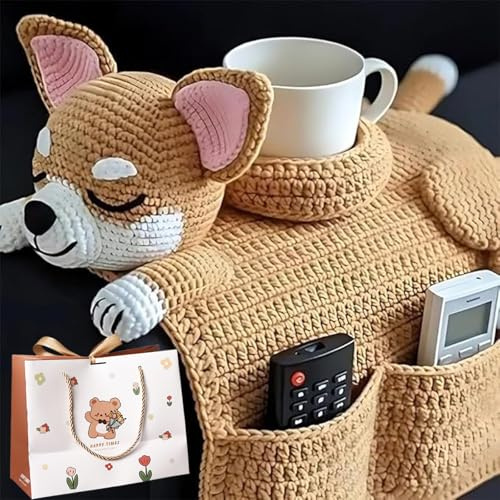 NNBWLMAEE Crochet Dog Sofa Organizer, Dogs-Shaped Handmade Knit Armrest Caddy, Multifunctional Cute Dog Shaped Couch Cup Holder, Suitable Living Room, Bedroom, Dorm (Corgi)