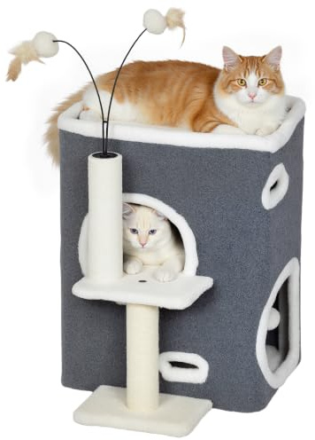 PawHut Árbol para Gatos 58 cm torreta con Cueva Postes sisal Gris | Plataforma, 3 bolas de peluche, árbol para trepar para gatos de tamaño mediano.