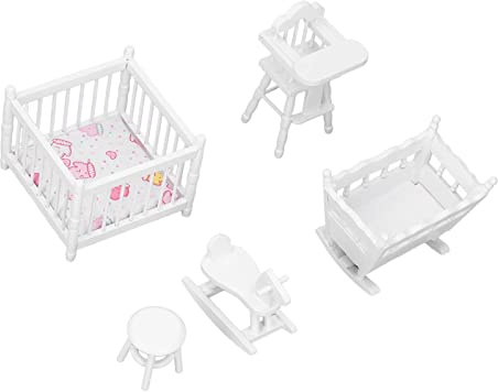 Acouto Puppenhausmöbel aus Holz, Miniatur-Babyzimmer-Set mit Kinderbett und Stubenwagen, Ideal für und Puppenhaus-Enthusiasten