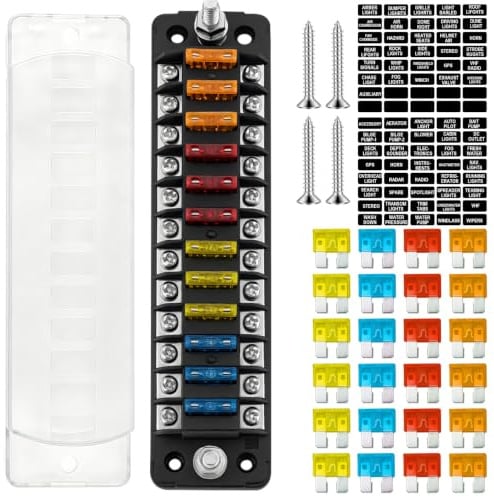 KELAV 12 Fach Sicherungskasten Auto 12V/24V mit 24 Sicherungen,Sicherungsblock ATC/ATO für PKW, LKW, Wohnmobil, Boot,Feuersicheres PBT+PC Material, IP-Schutz, Nickelklemmen