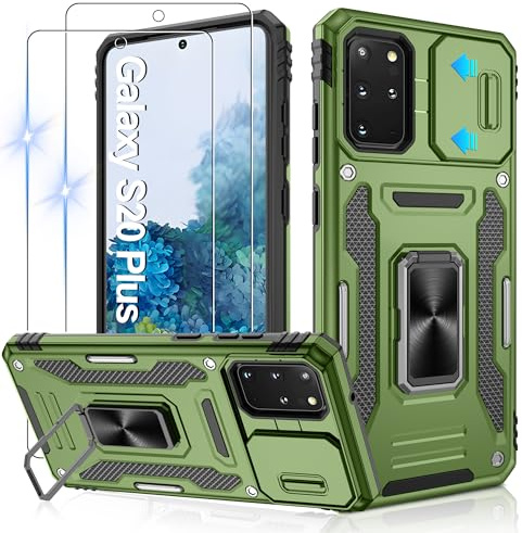 Jshru Handyhülle für Samsung Galaxy S20 Plus Hülle Kameraschutz mit 2 Stück Schutzfolie Militärstandard Stoßfest Schutzhülle 360° Metall Ring Ständer Case für Galaxy S20 Plus 6.7,Olivegrün