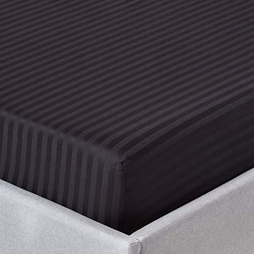 HOMESCAPES Damast Spannbettlaken 160x200 cm schwarz mit Satin-Streifen, 100% ägyptische Baumwolle, Betttuch mit Gummizug, Fadendichte 330