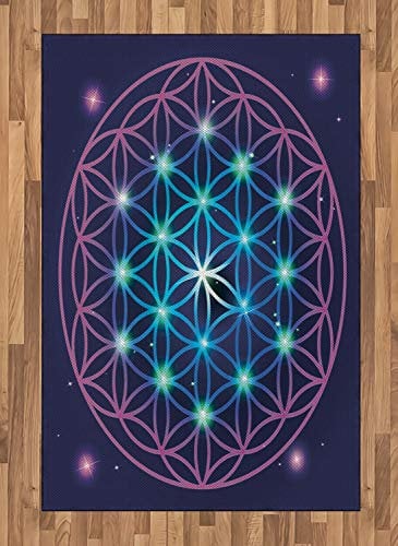 ABAKUHAUS Mandala Teppich, Ombre Blume des Lebens, Flachgewebe Deko-Teppiche für das Wohn-,Schlaf-, und Essenszimmer, 120 x 180 cm, Indigo Blau