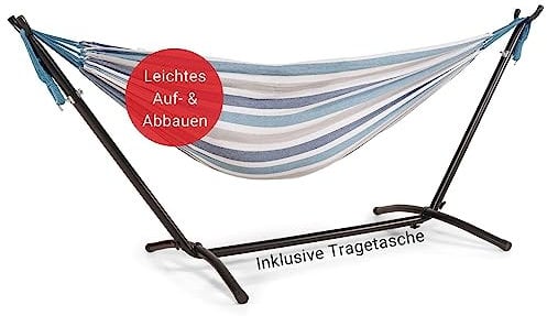 WOMA Hängematte für 2 Personen mit Gestell in Blau Weiß Beige für bis zu 180 kg I Wetterfeste Doppelhängematte Indoor & Outdoor I Stabile Hängematte XXL aus Baumwolle für Balkon & Garten
