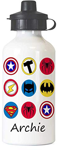 Tigerlilyprints Personalised Aluminium Water Bottle for Boys – 400ml –Kids School Sports Bottle, Metal print on both sides - more designs (Superhero Log)