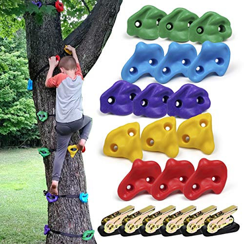 SSBRIGHT Tree Climbers, Set of 15 Climbing Holds / Steps for Kids' Outdoor Active Play with 6 Ratchet Straps