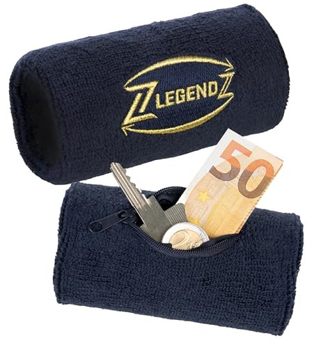 LegendZ - Premium Schweißband (blau, lang) inkl. Reißverschluss-Fach - Weiches Schweißarmband - Handgelenks Schweißbänder Wirstband ideal für Joggen/Laufen & Outdoor/Indoor Sport (Damen & Herren)