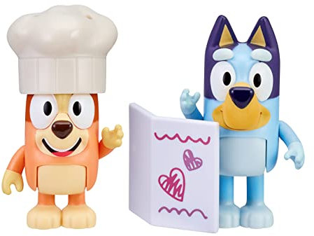 Bluey and Bingo Fancy Restaurant - Juego de 2 Figuras de acción articuladas de 2.5 Pulgadas, Incluye menú de Juguetes y Sombrero de Chef, Juguete Coleccionable Oficial