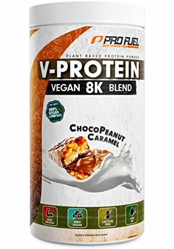 Vegan Protein – Schokolade-Erdnuss-Karamell - V-Protein 8K Blend - unglaublich lecker & cremig - aus Sonnenblume, Reis, Erbse, Hanf, Kürbis uvm. - pflanzliches Proteinpulver mit 73% Eiweiß