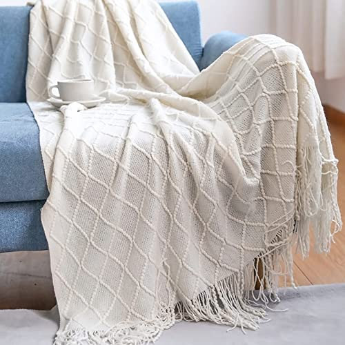 LumiSyne Gestrickte Decke Mit Quaste Einfarbig Geometrische Muster Kuscheldecke Strickdecke Tagesdecke Überwurf Couchdecke Dekorative Decke Für Sofa Bett 170x130cm