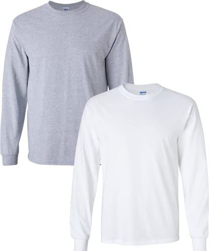 Gildan Mens Ultra Cotton Long Sleeve T-Shirt, Style G2400, Multipack, Sport Grey/White (2-pack), XL