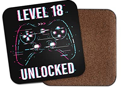 Square Single Coaster - Gamer Birthday Level 18 18th Eighteen Eighteenth Unlocked Gaming Game Controller Glitch Girls Boys Men Teenager Teen Mancave Gift #78576