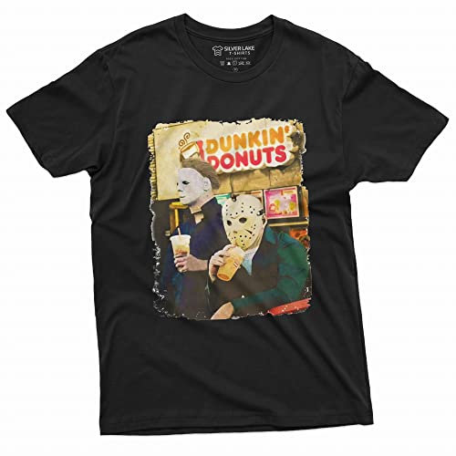Halloween-T-Shirt mit Aufschrift Michael Myers Drinking Coffee, lustiges humorvolles T-Shirt für Ihn, Schwarz, Mittel