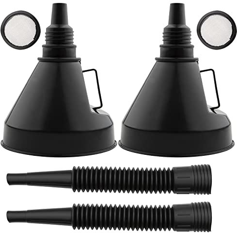 ZEALfix 2pcs Plastic Petrol Fuel Funnel with Hose and Filter for Car Motorcycle Diesel Oil Refueling - Household Uses, 130MM (Black)
