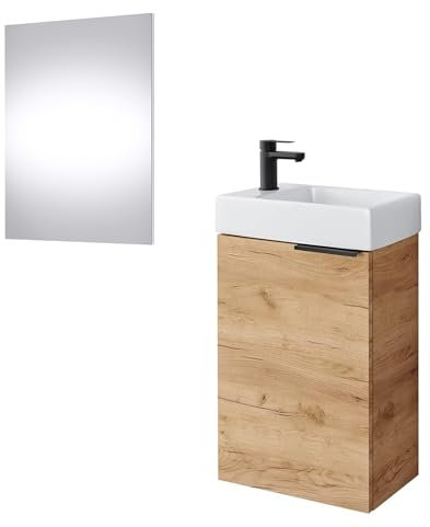 Planetmöbel Waschtischunterschrank mit Spiegel Badmöbel Set 40cm für Badezimmer Gäste WC Gold Eiche
