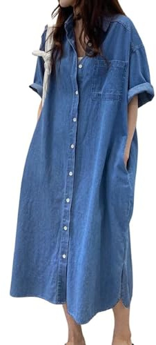 Jofemuho Women's Short Sleeve Denim Button-Down Shirt Dress, W-Blue, S