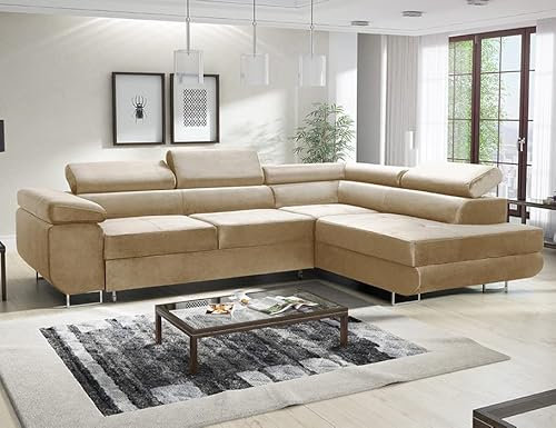 MODERNO Ecksofa mit Schlaffunktion und Bettkasten Avesta - Sofa +3 Sitzen mit Robusten Metallfüße - Schlafcouch L-Form - Modern Couch 277x203x73 cm - Ecke Rechts Velours Beige