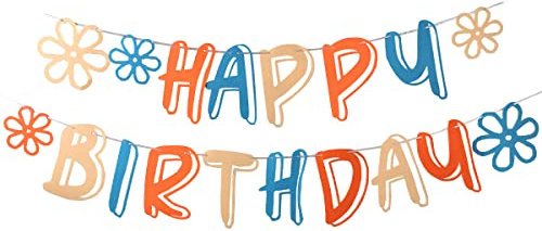 Happy Birthday Banner, Daisy Flower Birthday Sign, Boho Groovy Retro Felt Birthday Girlande, Beige Orange and Blue Hippie Birthday Banner for 1st 2nd 3rd 8th Sweet 16 18th 21st 30th 40th 50th 60th