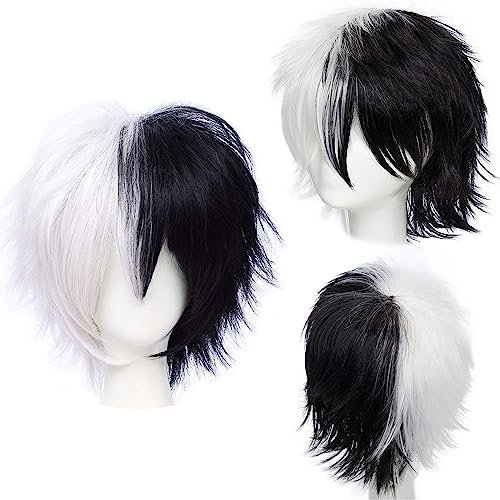 Gairyan Perücke Schwarz Weiß Perücke Damen Unisex Anime Cosplay Wig Kurze Synthetische Perücke Frauen Herren Gerade Perücken Halloween Perücke Karneval Kostüm Themen Party Kostüm