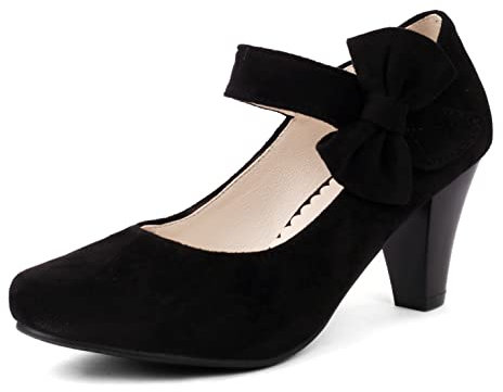 elerhythm Damen Mary Jane Vintage Heels mit Schleife Gatsby 1950er Pumps Closed Toe 1920er Jahre viktorianische Knöchelriemen Faux Wildleder Schuhe (SCHWARZ EU40)