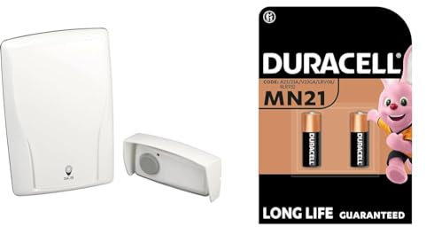 SCS Sentinel - CSF0023 - Carillon sans Fil - Sonnette Extérieure Étanche - Portée 80 m - Bouton Poussoir, Visserie, Alimentation Inclus - UEL-Bell 80 Blanc + Duracell MN21 Pile alcaline 12V, Lot de 2