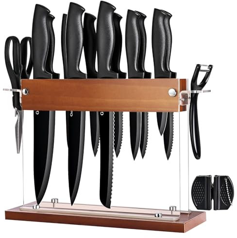 Gourmetop Küchenmesser-Set mit Block 15-teilig, Küchenmesser-Block-Set mit Holz-Acryl-Ständer, scharfes Messer-Set mit Schärfer, Schere und Schäler, schwarzes Kochmesser-Set für die Küche