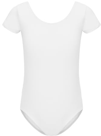 HIPPOSEUS Ragazze Body da Danza con Maniche Corte Classico Body Ginnastica Bambina Ballet Leotards,AM0019DX-Bianco,6-8anni