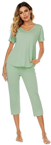 Ietaoo Damen Schlafanzug Sommer Hausanzug Baumwolle Pyjama,Grün,M