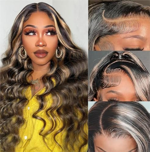 Unipearl Gewellte Echthaar Perücke 13x4 HD Lace Front Wig Human Hair 65cm(26 Zoll),#1B/27 Ombre SchwarzBlond Body Wave Glueless Wig 100% Brasilianisches Echthaar Perücken für Damen 150% Dichte