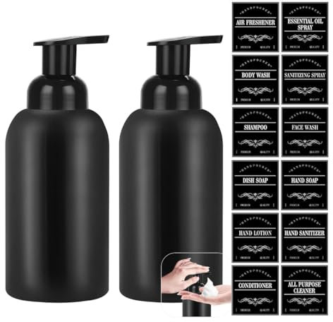 Kuxssul 2 Piezas Dispensador Jabon Espuma de Vidrio Negro, 350 ml Dispensador de Jabón de Espuma con Etiquetas Botella de Bomba Reutilizable, Dosificador de Bomba para Cocina y Baño
