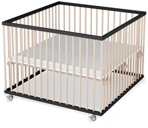 Sämann Laufstall Baby 100x100 cm mit Matratze | TÜV geprüft 2024 | stufenlos höhenverstellbar | Laufgitter Premium | Babybett aus Holz | Krabbelgitter schwarz/natur