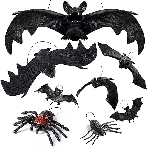 Halloween Fledermäuse Spinne Hängende Deko, 8 Stück Gummi Realistische für Garten Innen Outdoor, 3D Gruselig Bats Hängedeko für Fenster Party Wall Türen