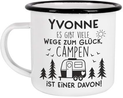 Herz & Heim® Emaille Camping Tasse, Motivauswahl, personalisiert (Es gibt viele Wege zum Glück)
