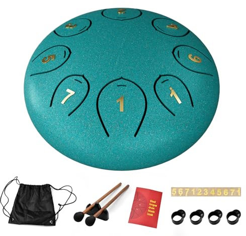 Stahlzungentrommel, 6 Zoll 8 Tone C-Dur Zungentrommel Schlagzeug Anfänger, Steel Pan Töne Schlaginstrument, Hand Pan Drum für Meditation Yoga Klangheilung, Malachitgrün